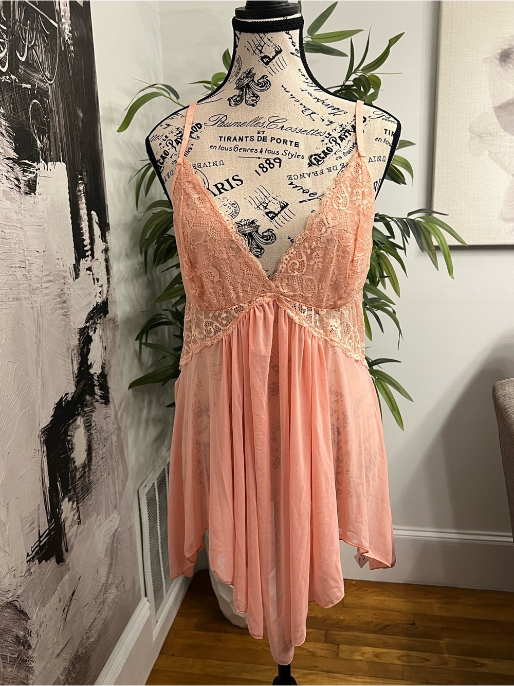 Sheer Lace-Trim Peach Chemise with Adjustable Straps
